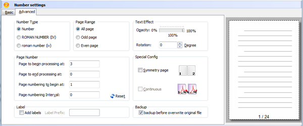 numbering PDF pages - advanced settings