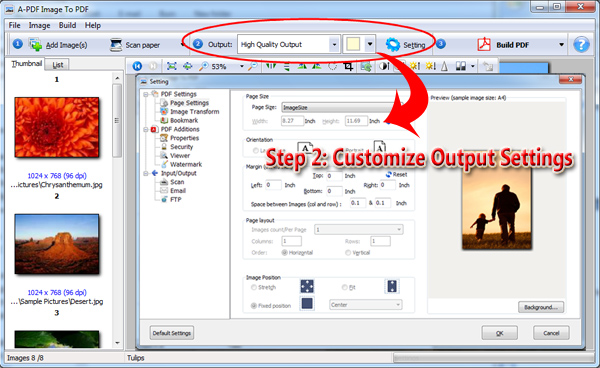 customize output settings for image to pdf