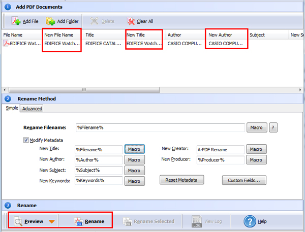 preview renamed PDF file and metadata