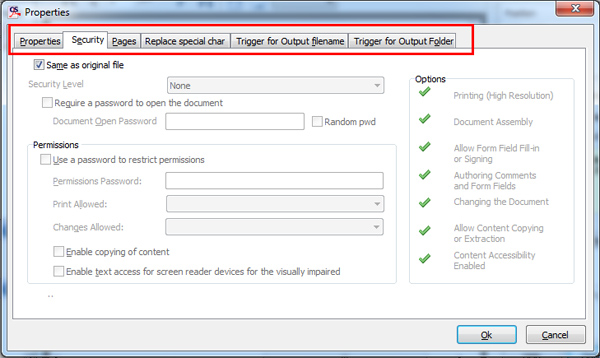 add properties and security for split PDF files