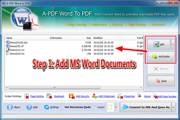 add MS Word files for converting to PDF and stamp the PDF with watermark