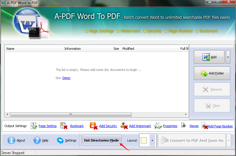 How to convert MS Office Word file to PDF file with Hot Directory Mode by using A-PDF Word to PDF?