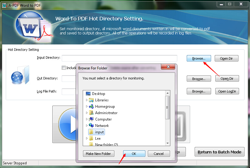 How to convert MS Office Word file to PDF file with Hot Directory Mode by using A-PDF Word to PDF?