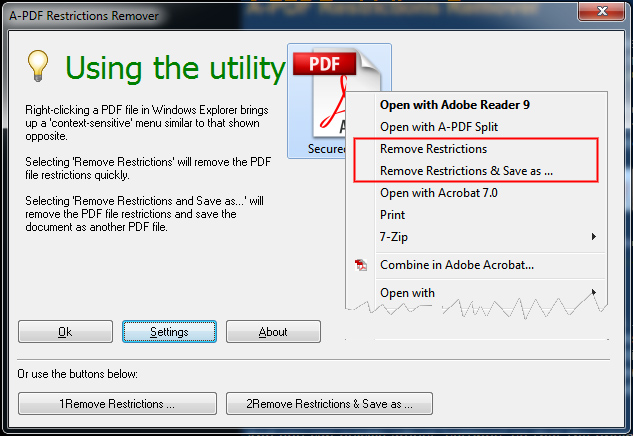 screenshot of A-PDF Restrictions Remover
