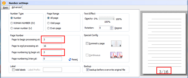 advanced settings of PDF page numbering