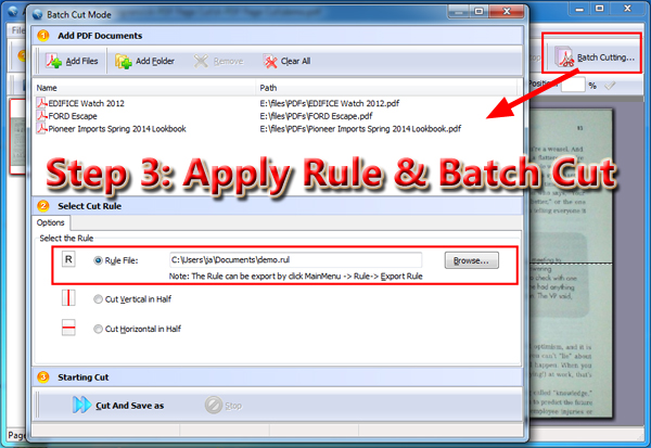 apply cutting rule for batch cutting PDF pages