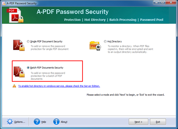 select batch mode to remove password security off PDFs