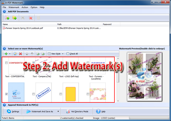 select one or more watermarks to add to PDF