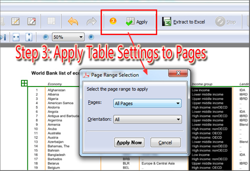 apply table settings to other PDF pages